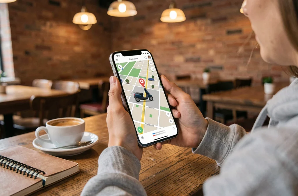 Femme consultant en temps réel l'application de suivi GPS de son scooter sur smartphone dans un café
