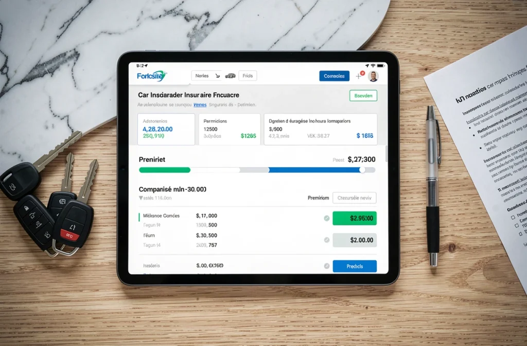 Tablette affichant un comparateur d'assurance auto avec des clés de voiture et des documents sur une table