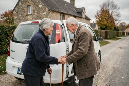 Une conductrice bénévole aide un homme âgé à monter dans un minivan blanc sur une route rurale, illustrant le transport solidaire en milieu rural