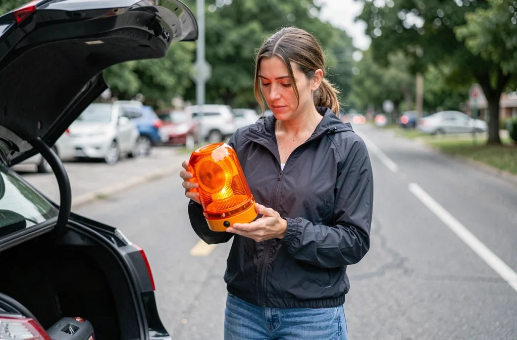 Femme tenant une balise V-16 avant de l'activer lors d'une panne sur route secondaire