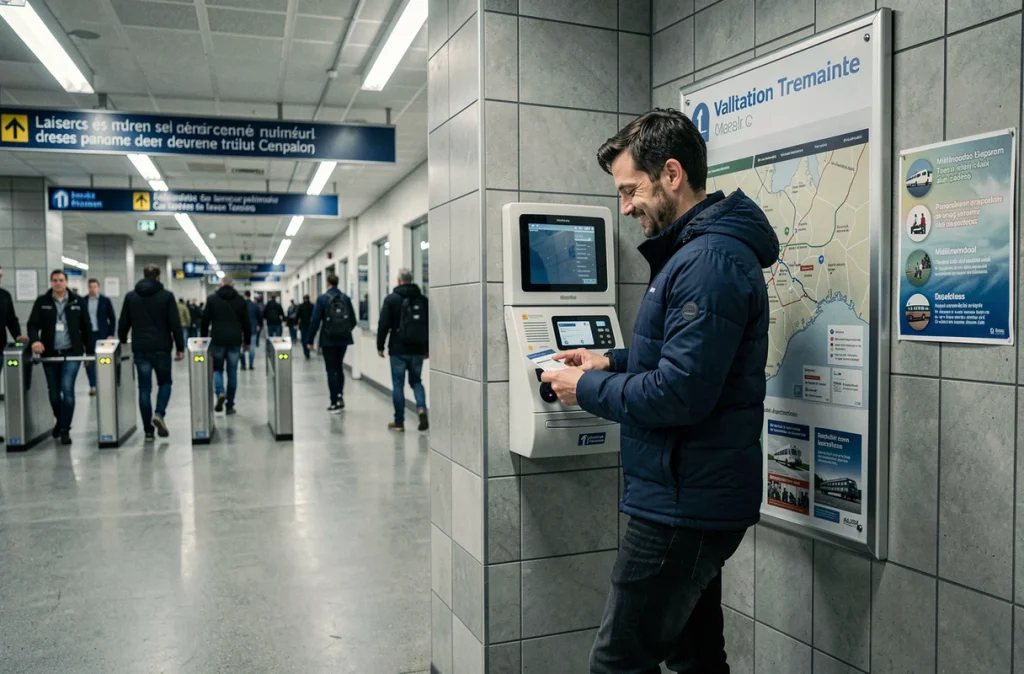 Homme validant son titre de transport dans un parking relais relié au métro