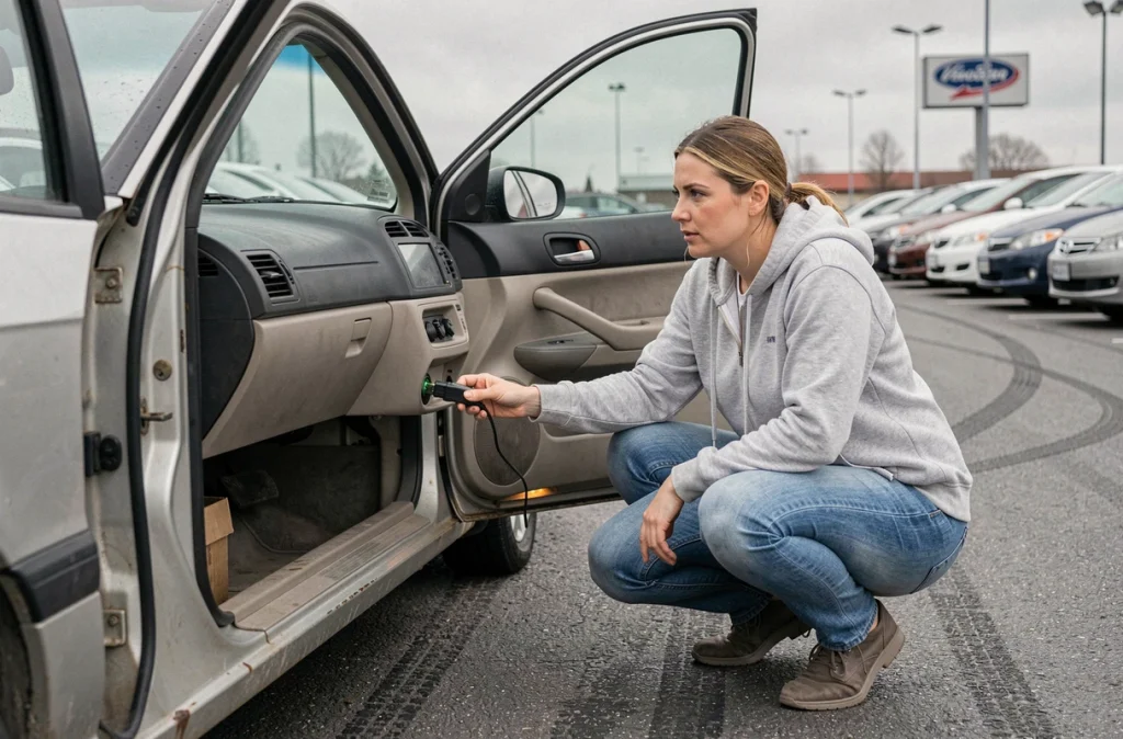 Une femme branchant un boîtier de diagnostic OBD2 sous le tableau de bord d'une voiture d'occasion dans un parking de concessionnaire