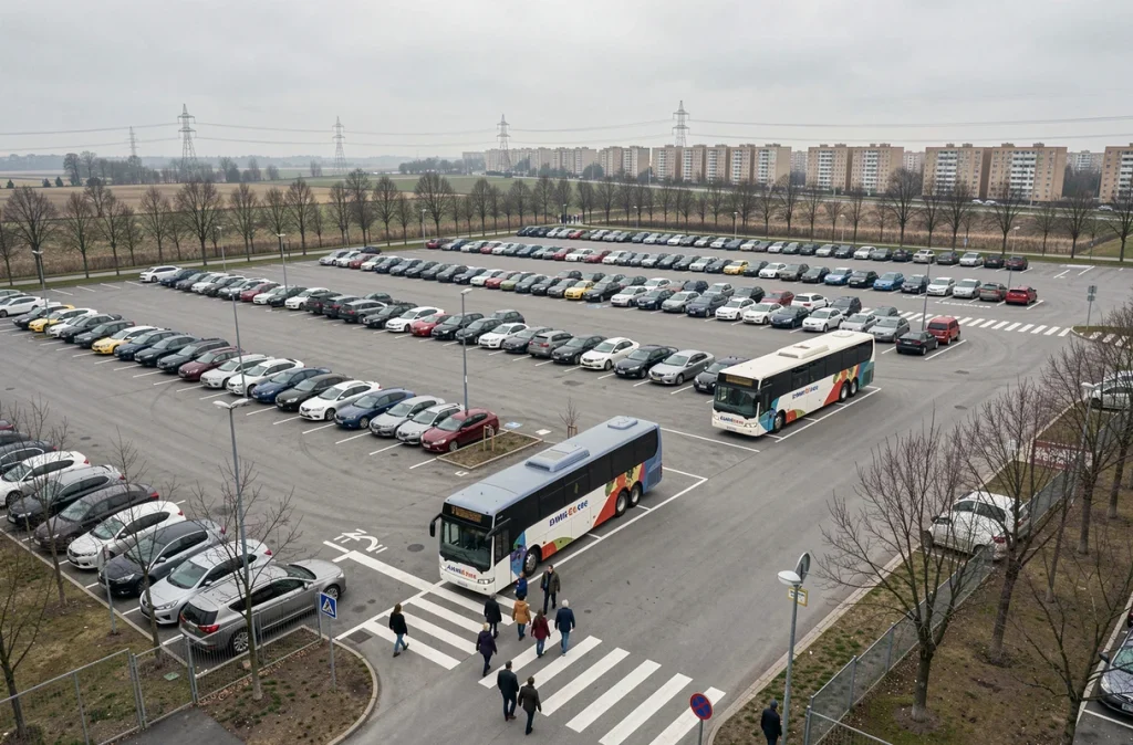 Vue large d'un grand parking relais suburban avec bus et navetteurs en journée