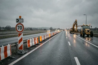 Zone de travaux sur voie rapide avec panneaux de limitation de vitesse temporaires et barrières orange sur autoroute française