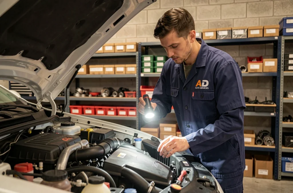 Technicien AD Auto Services inspectant le compartiment moteur d'un véhicule dans le garage de Puteaux
