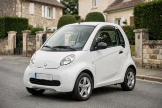 Aixam City neuve blanche garée dans une rue résidentielle française, vue trois quarts avant