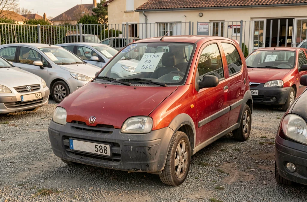 Aixam City d'occasion rouge avec étiquette de prix dans un parking de revendeur automobile