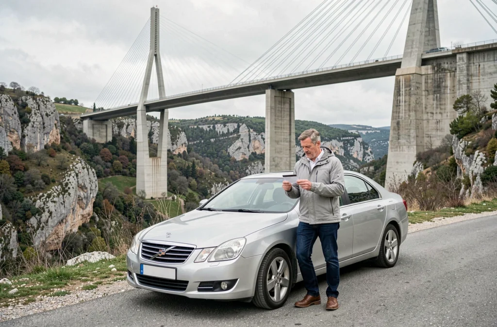 Conducteur tenant sa carte d'assurance auto près du Viaduc de Millau