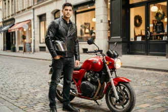 Jeune homme avec une moto 125cc rouge en ville, illustrant le coût de l'assurance moto 125