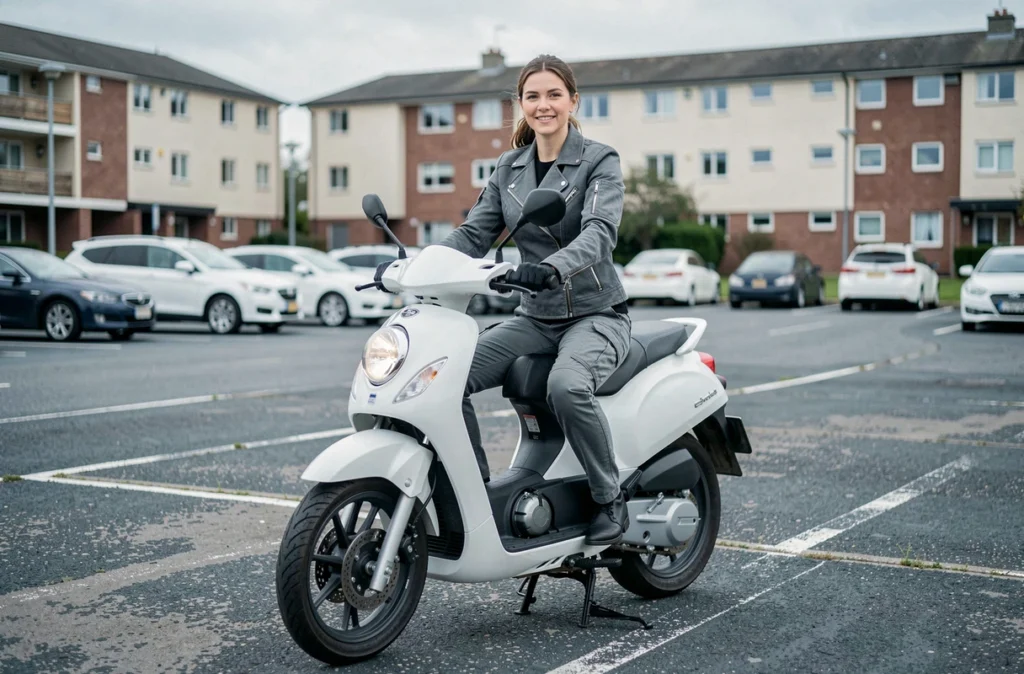 Femme assise sur un scooter 125cc blanc dans un parking, représentant l'assurance pour moto 125