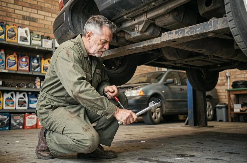 Mécanicien de l'atelier garage Patrick Theux à Nanterre inspectant le dessous d'un véhicule surélevé
