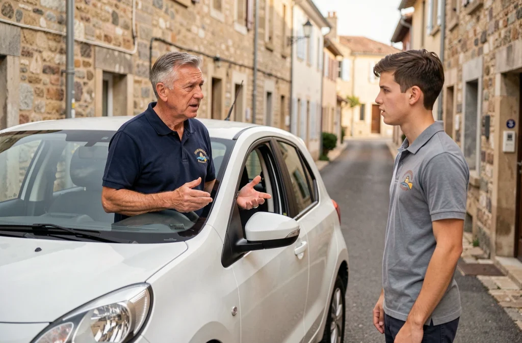 Moniteur de l'auto-école Bailly à Bergerac expliquant les consignes à un élève avant de prendre le volant