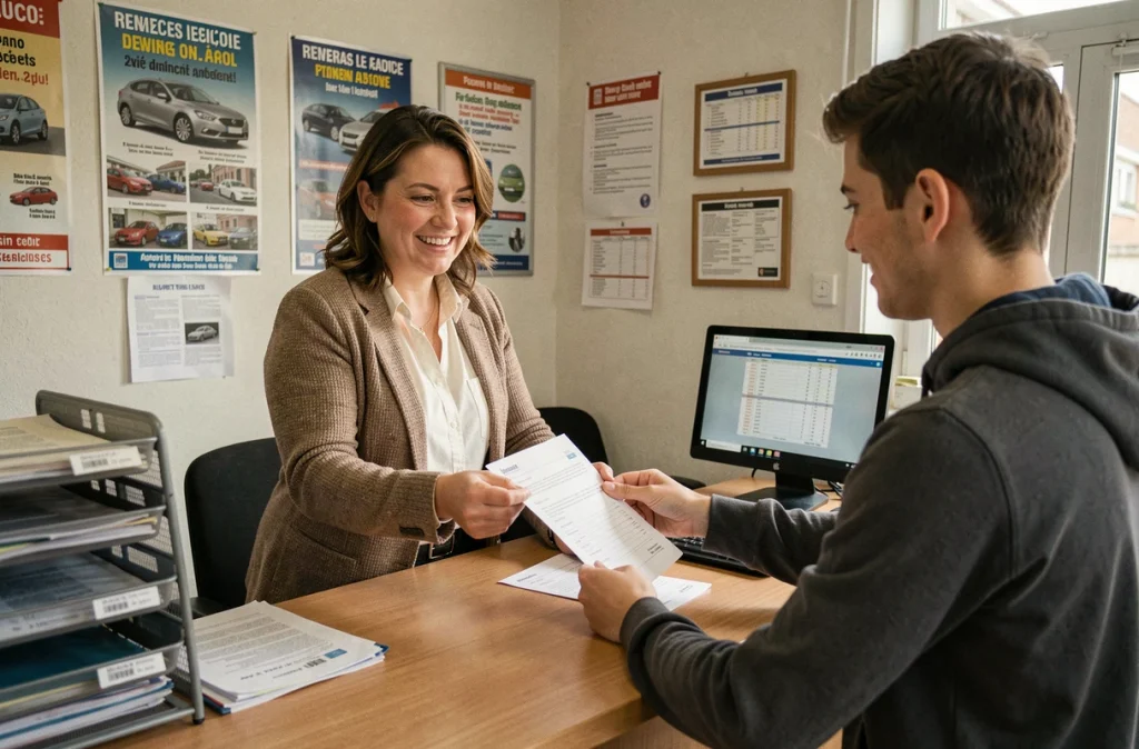 Accueil à l'auto-école du Champ de Foire Berthaud Sandrine à Nontron, une monitrice remet des documents à un élève au bureau