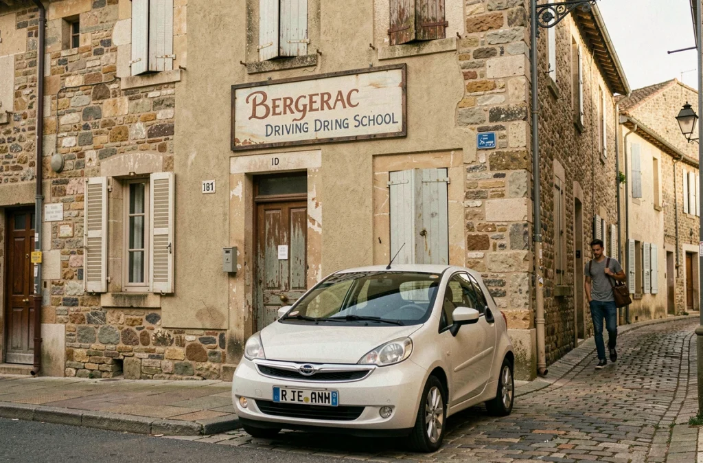 Façade de l'Auto-École du Faubourg à Bergerac dans un quartier historique, avec une voiture école garée devant l'entrée