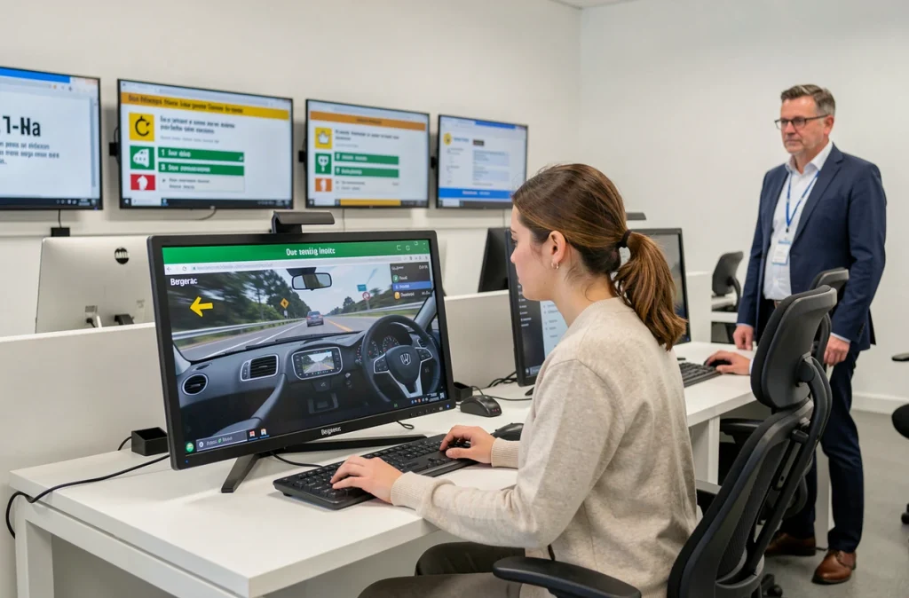 Élève passant l'examen du code de la route sur ordinateur à l'auto-école Fauvel & Co à Bergerac