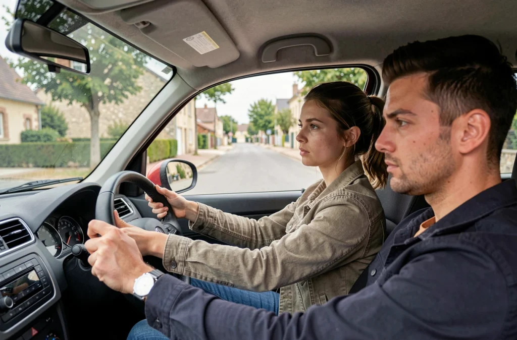 Élève de l'auto-école A-E JFaure à Périgueux concentrée au volant lors d'une leçon de conduite en ville