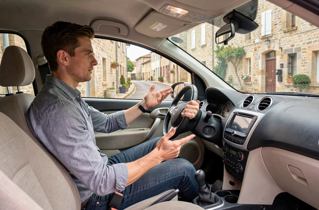 Moniteur d'auto-école Laurent Hardy à Nontron guidant un élève au volant d'une voiture école dans les rues de la ville