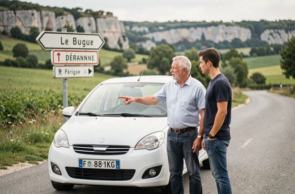 Moniteur de l'auto-école Patrice Salles au Bugue expliquant un panneau de signalisation à un élève sur une route rurale du Périgord