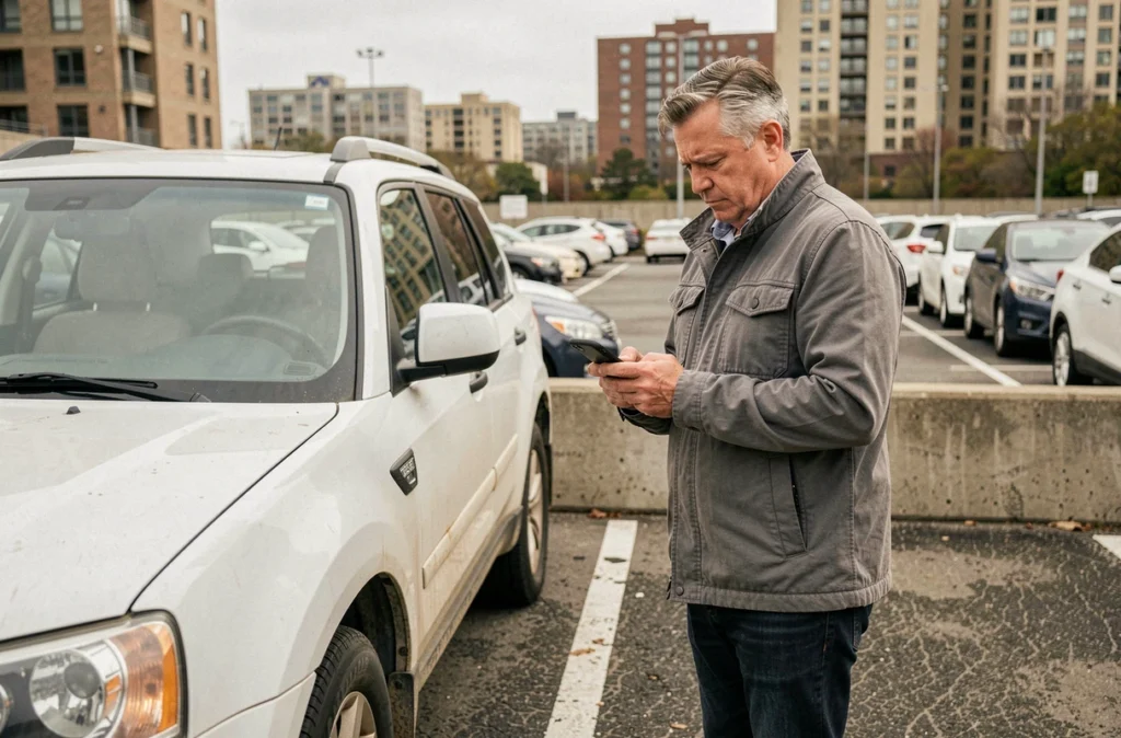 Automobiliste consultant son téléphone à côté de son SUV garé dans un parking urbain aux places aux dimensions réglementaires