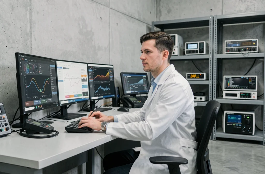 Technicien AutoWideLab analysant des données de diagnostic automobile sur plusieurs écrans dans un atelier moderne