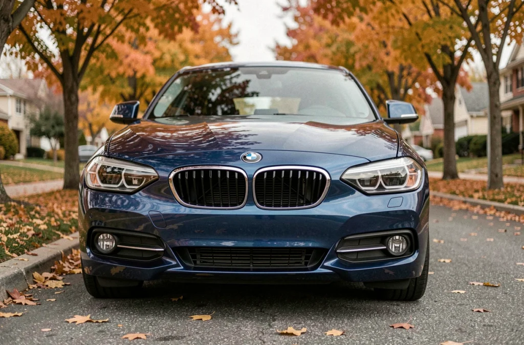 BMW Série 1 bleu métallisé garée dans une rue résidentielle en automne, vue de face en légère contre-plongée illustrant le coût de l'assurance pour ce modèle