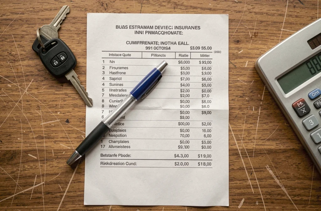 Vue de dessus d'un bureau avec clé de voiture, devis d'assurance imprimé et calculatrice