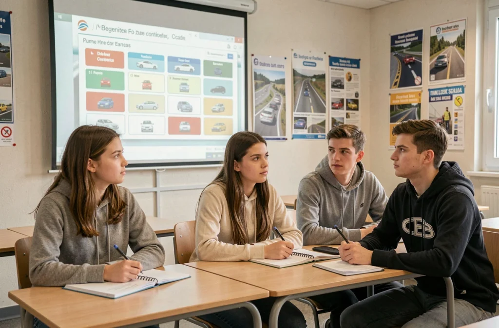 Élèves suivant un cours de code de la route au Centre de Formation de l'Étoile à Bergerac dans une salle de classe moderne