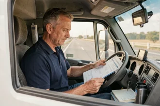 Chauffeur de camion consultant un tableau de temps de conduite et de repos dans la cabine de son poids lourd