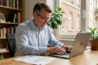 Homme comparant des offres d'assurance auto à Maubeuge sur son ordinateur portable avec des documents papier