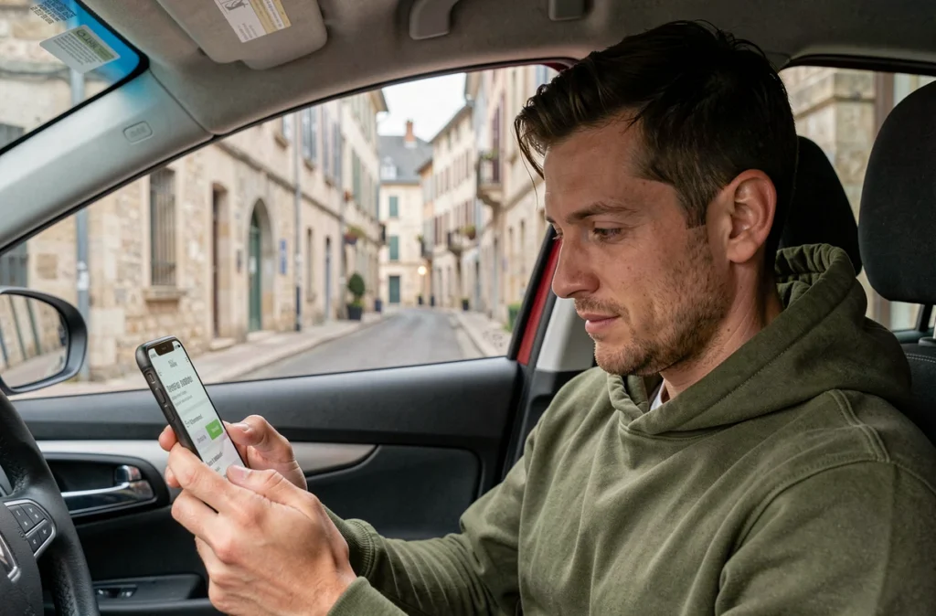 Jeune homme comparant des assurances auto sur smartphone dans sa voiture à Millau