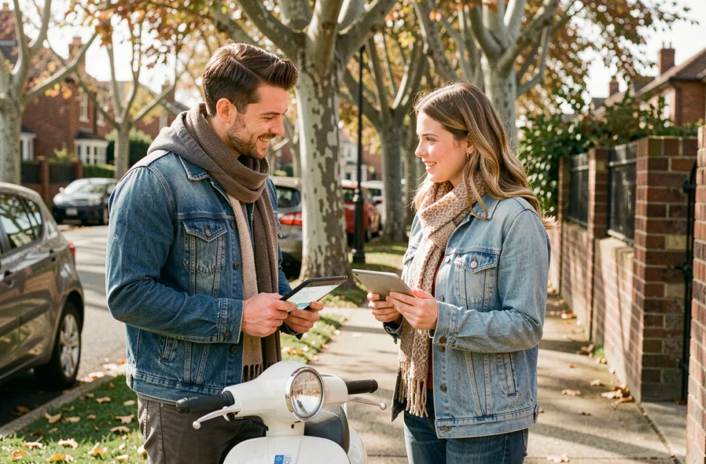 Deux conducteurs comparant des offres d'assurance scooter sur une tablette dans une rue résidentielle