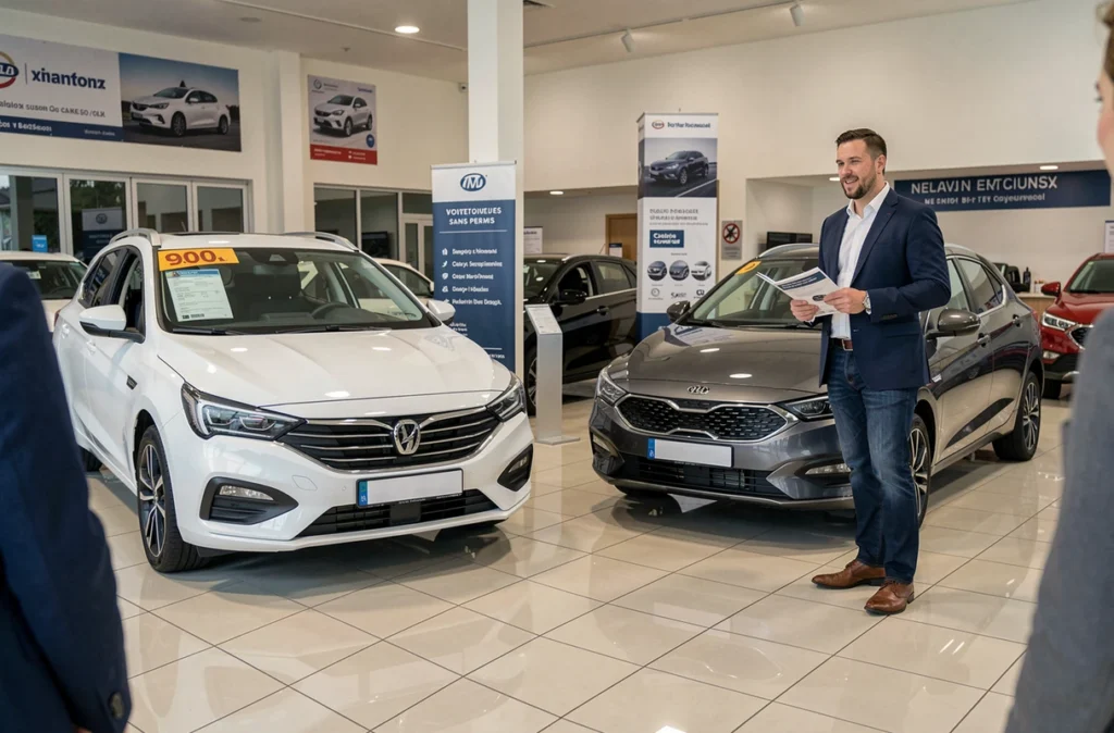 Salle d'exposition de voitures sans permis avec conseiller commercial en concession automobile