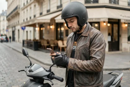 Conducteur de scooter consultant des avis d'assurance sur son smartphone dans une rue parisienne
