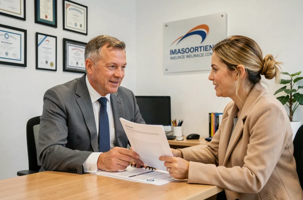 Conseiller en assurance auto présentant un contrat à une cliente dans une agence à Maubeuge