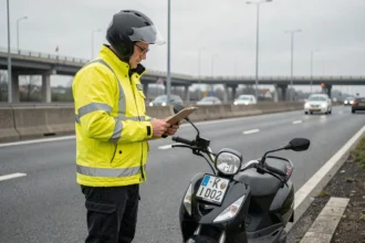 Policier contrôlant un scooter non conforme sur le bord d'une autoroute