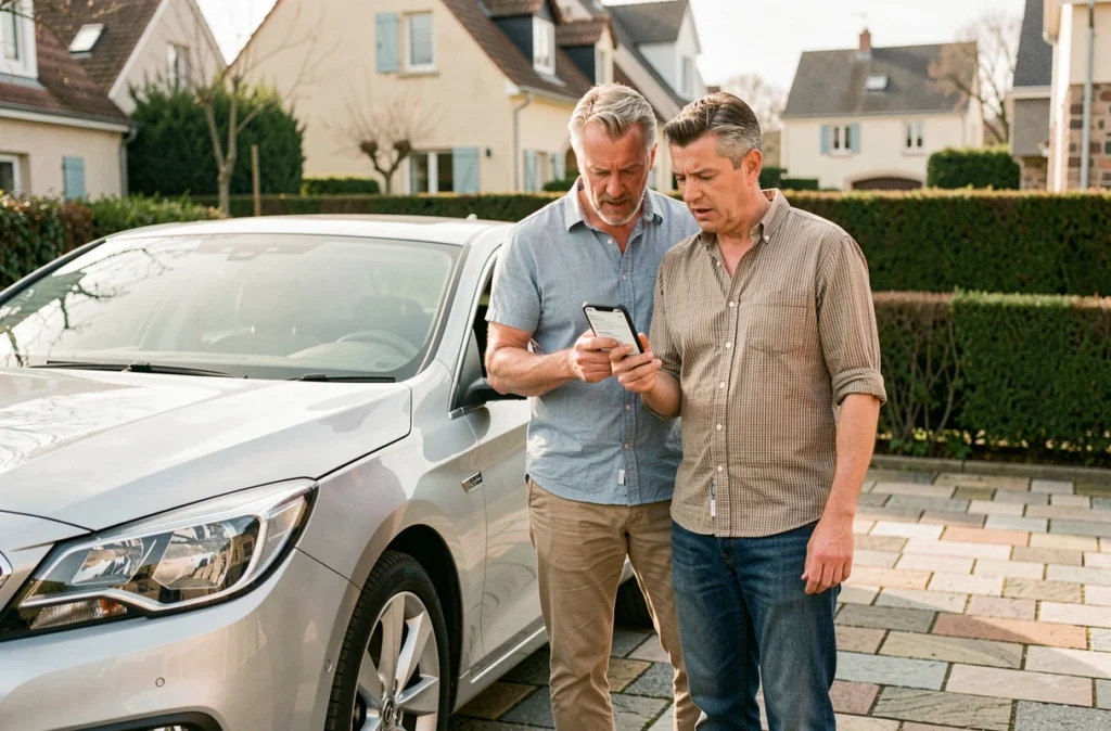 Couple comparant des prix d'assurance voiture sur smartphone devant leur véhicule dans une allée résidentielle