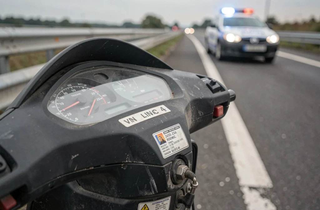 Détail du tableau de bord et plaque d'immatriculation d'un scooter contrôlé sur autoroute