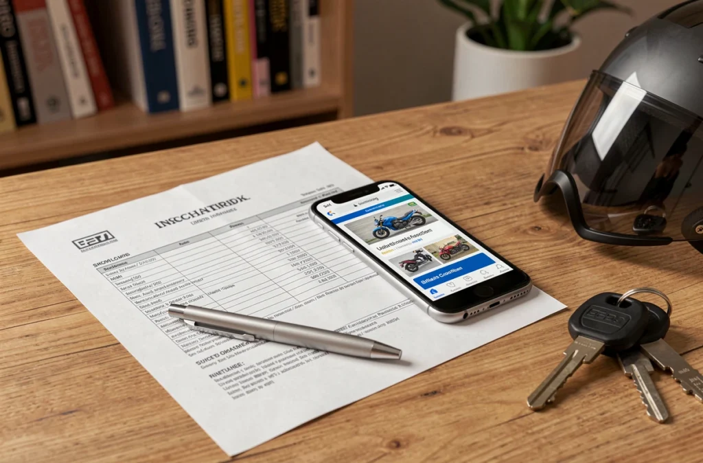 Documents d'assurance moto 125 sur un bureau avec clés et smartphone pour comparer les prix