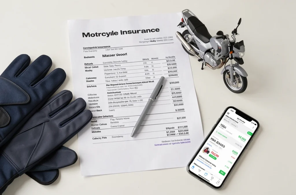 Vue aérienne d'un contrat d'assurance moto 125, gants de conduite et comparateur de prix sur smartphone