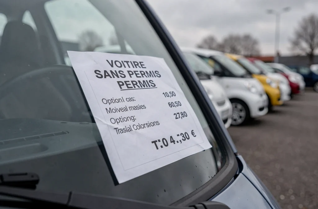 Étiquette de prix détaillée collée sur le pare-brise d'une voiture sans permis en concession