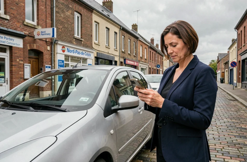 Femme recherchant une assurance auto sur smartphone à côté de sa voiture dans une rue pavée de Maubeuge