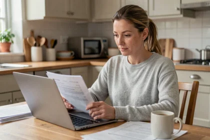 Femme consultant des documents d'assurance voiture sur un ordinateur portable dans une cuisine moderne