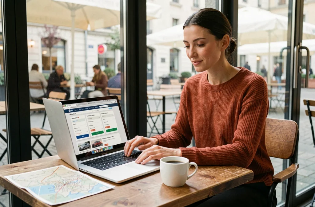 Femme comparant des assurances scooter en ligne dans un café genevois