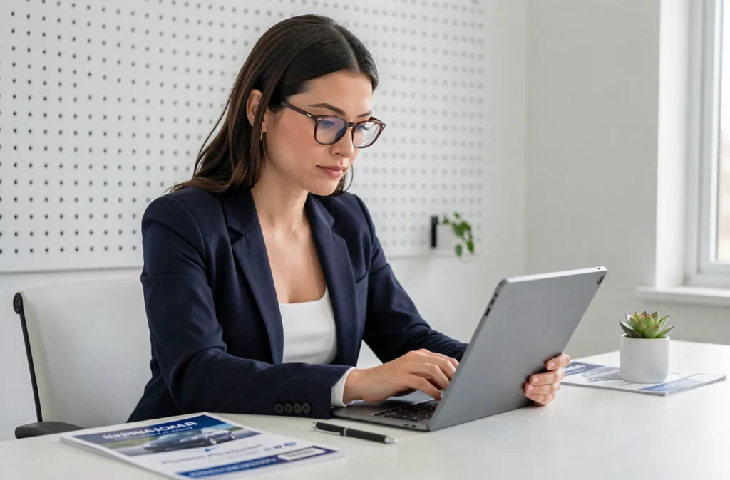 Femme utilisant une tablette pour comparer des offres d'assurance auto dans un bureau à domicile