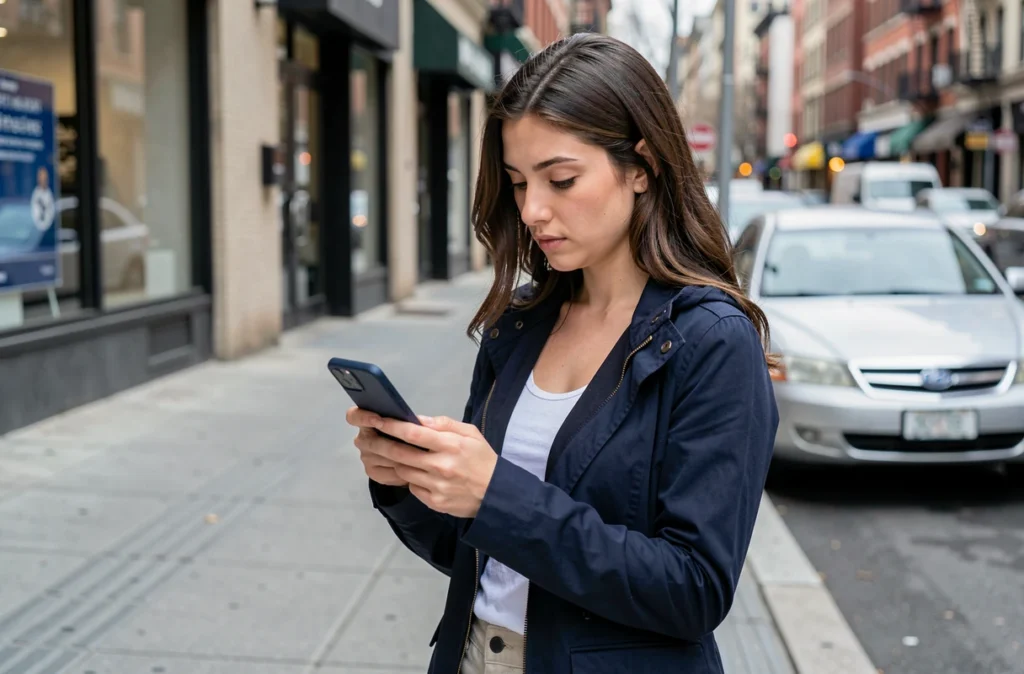 Jeune femme consultant son smartphone dans la rue pour contacter Sogessur après un incident avec sa voiture