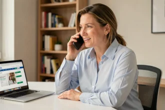 Femme contactant son assurance voiture Sogessur par téléphone depuis son bureau à domicile