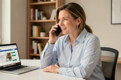 Femme contactant son assurance voiture Sogessur par téléphone depuis son bureau à domicile