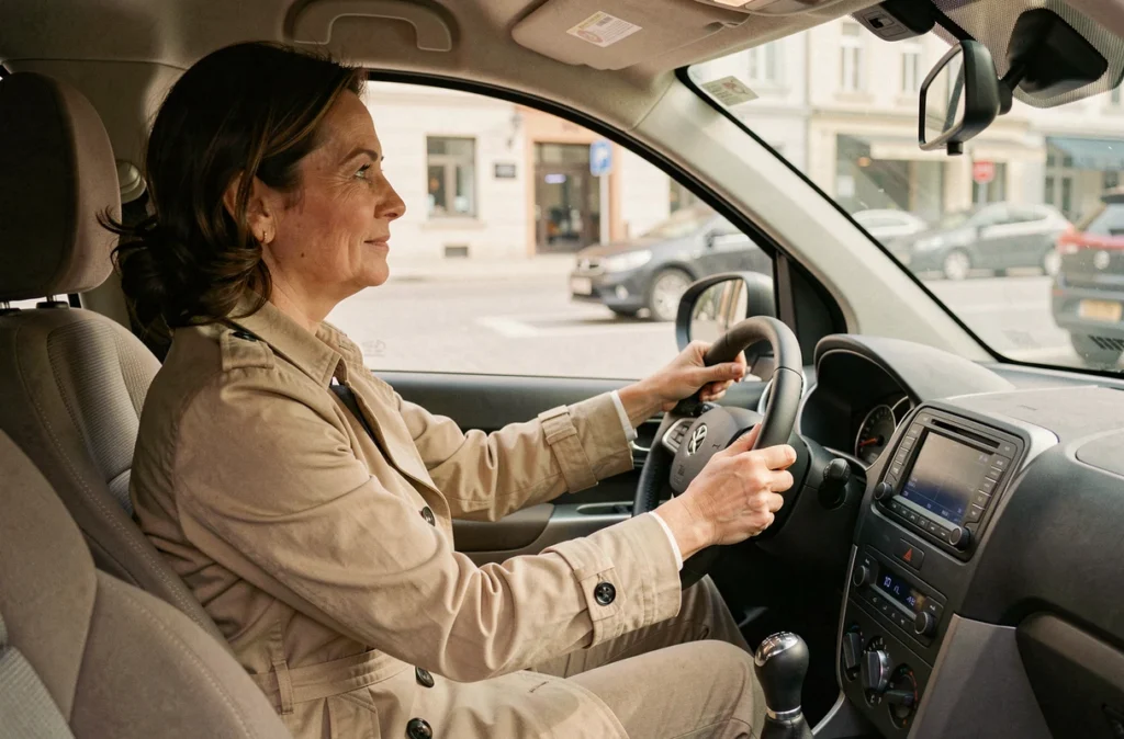 Femme au volant d'une voiture sans permis moderne vue depuis l'intérieur