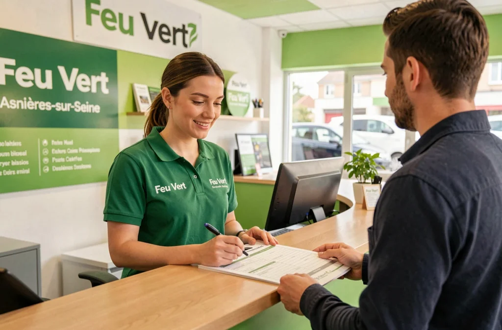 Conseillère Feu Vert présentant un rapport de contrôle à un client dans le centre d'Asnières-sur-Seine