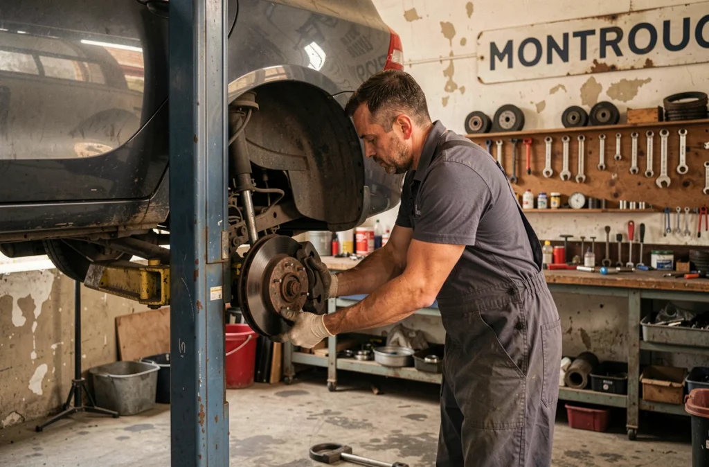 Mécanicien changeant des plaquettes de frein sur une voiture surélevée au garage Montrouge Auto Services